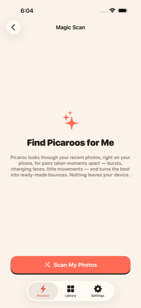 Picaroo — the Magic Scan screen, offering to find picaroo pairs in your recent photos